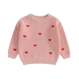 Baby Girl Valentines Day Outfit Love Heart Sweet Long Sleeve Sweater Tshirt Crewneck Tops Fall Winter Clothes (A-Pink, 12-18 Months)
