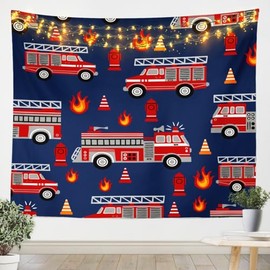Cartoon Car Wall Hanging Fire Truck Tapestry for Kids Boys Girls Teens Room Decor Firefighter Wall Blanket Firemen Car Vehicle Fire Engine Blue Red Wall Art Small 51"x59"