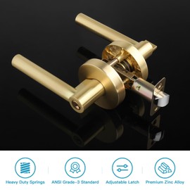 Gaurqiah 5 Pack Wholesale Brushed Gold Round Design Door Handles Keyed Entry Heavy Duty Door Levers with Lock, Interior Reversible Door Handles for Bedroom Bathroom, Satin Brass