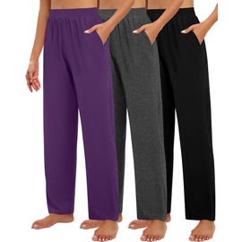 Huukeay 3 Pack Women's Lounge Pants, Cozy Wide Leg Lounge Pants with Pockets Loose Flowy Yoga Sweatpants Workout Comfy Jogger(Black, Dark Gray, Purple,Large)