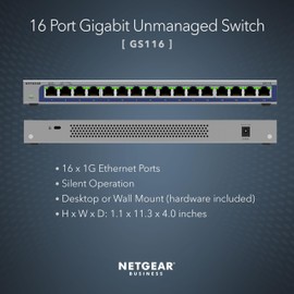 NETGEAR 16-Port Gigabit Ethernet Unmanaged Switch (GS116) - Desktop or Wall Mount, and Limited Lifetime Protection