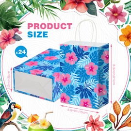 Kolldenn 24 Pcs Cute Cartoon Blue Pink Hibiscus Party Gift Bags Hawaiian Party Favors Paper Goodie Candy Bags with Handles for Hawaiian Tropical Birthday Baby Shower Supplies(Bright)