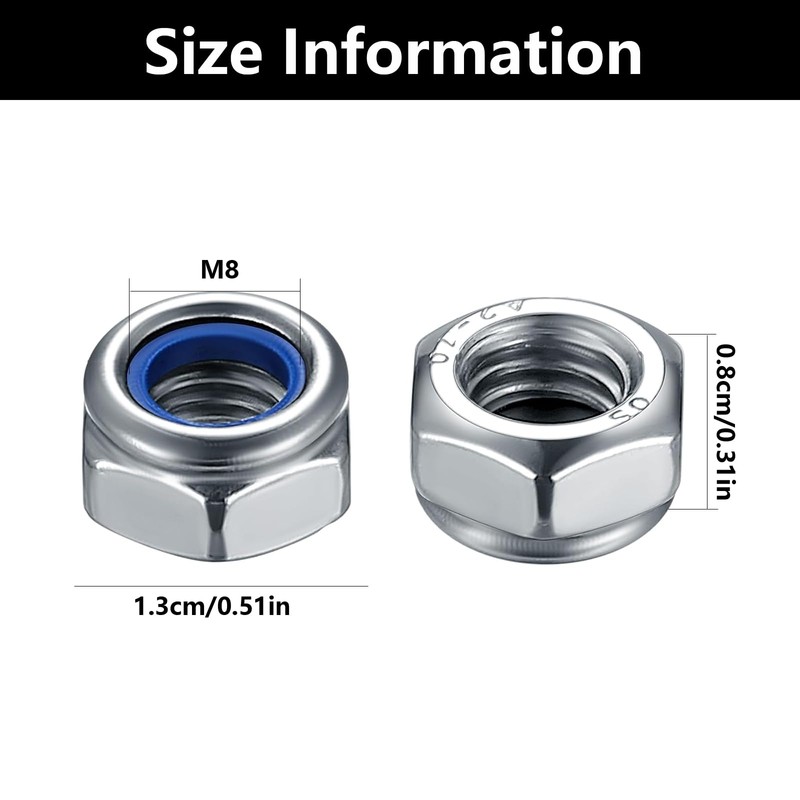 M8 Nylock Nuts, Nylon Insert Lock Nuts, 304 Stainless Steel,