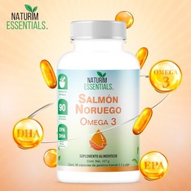 Omega 3 Aceite de Salmn Noruego 1.3 Cpsulas de Gel EPADHA 300 mg  200 mg Concentrado Ingredientes Naturales Frasco con 90 Cpsulas Naturim Essentials  