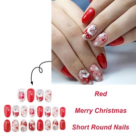 24Pcs Short Almond Press on Nails Christmas Fake Nails Red Glue on Nails with Design Cute False Nails Reusable Acrylic Nails Full Cover Artificial Nails Holiday Press on Nails for Xmas Nail Decor