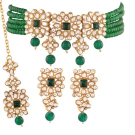 I Jewels Girls 18K Gold Plated Indian Bollywood Light Weighted Kundan Pearl Studded Jewelry Set (Ml224G) Green