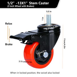YOOGAA 3 Inch Heavy Duty Caster Wheels 1/2''-13x1'' Stem Casters Dual Locking Caster Set of 4 Industrial Castor Wheels for Cart Furniture 1000 lbs