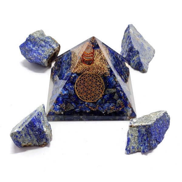Sawcart Combo of Lapis Lazuli Orgone Crystal Pyramid with Flower of Life Symbol & 4 Pieces of Natural Raw Rough Stone for Positive Energy Generator, EMF Protection, Reiki Chakra Healing, Meditation