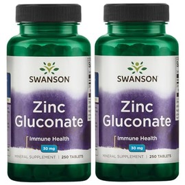 Swanson Zinc Gluconate - Mineral Supplement Promoting Prostate Health, Vision Health, & Immune Support -Gluconate Form for Optimal Absorption - (250 Tablets, 30mg Each) (2 Pack)