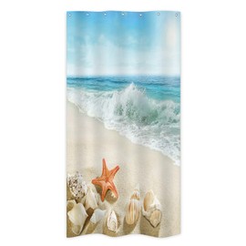 Riyidecor Stall Small Shower Curtain 36Wx72H Inch Half Beach Starfish Ocean Seashell Coastal Sea Wave Seaside Island Summer Scenery Decor Fabric Polyester Waterproof Fabric 7 Pack Plastic Hook WW-IHTB
