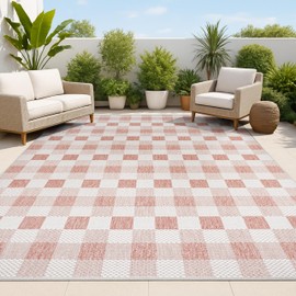 JONATHAN Y TSN201B-4 Darcy Traditional Geometric Bold Gingham 4 ft. x 6 ft. Indoor/Outdoor Area Rug Easy-Cleaning, for Backyard, Patio, Porch, Bedroom, Kitchen, Non-Shedding, Salmon/Cream