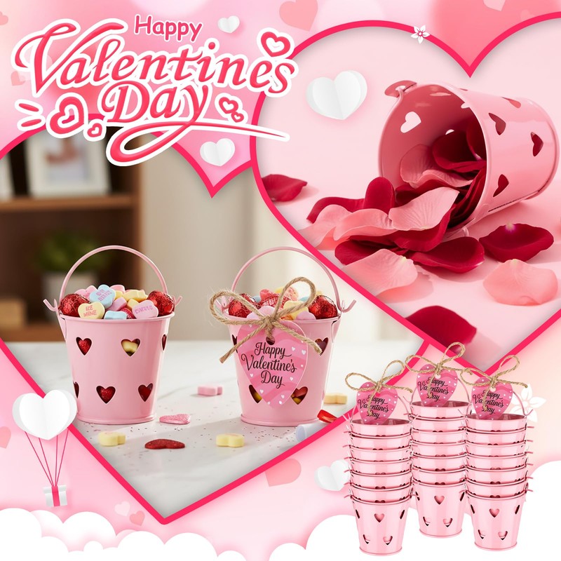24 Pcs Mini Pink Valentine Buckets with Handle 2.36 Inch