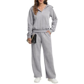 REORIA Women's Cotton Two-Piece Large Lapel V-Neck Jogging Suit Long Sleeve Tracksuit Leisure Suit Sport Set Lounge Set, gray