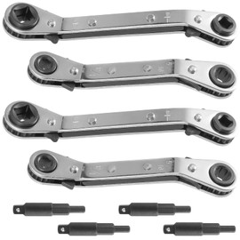 HOZEON 4 PCS HVAC Service Wrench Tools, Ratcheting Curved Wrench with Hex Bit Adapter, Refrigeration Service Wrench Set for Equipment Repair, 3/8" to 1/4", 5/16" x 1/4"