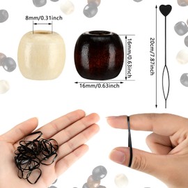 663 Pieces Wooden Hair Beads Set Including 160 Barrel Wood Beads European Wood Loose Beads, 500 Black Elastic Hair Bands with 3 Quick Beader (Black, Light Brown, White, Brown, 0.63 x 0.63 x 0.32 Inch)