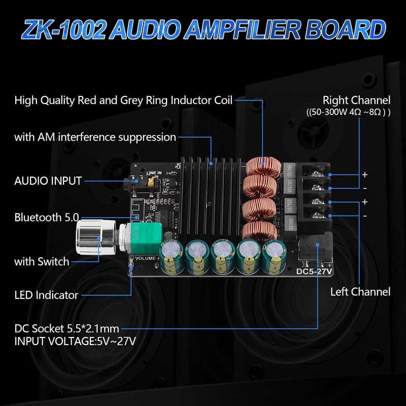 HiFi Amplifier with Bluetooth 5.0 Audio Gain Card, ZK-1002 2.0