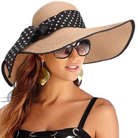 DRESHOW Wide Brim Sun Hat for Women Floppy Straw Hat Summer Beach Hats Fashionable Trendy Hats Sun Protection UPF 50+
