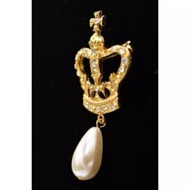 Unbranded Vintage Crown Pin Brooch Dangle Pearl Rhinestone Crystal Gold NOS 1980s BinA3