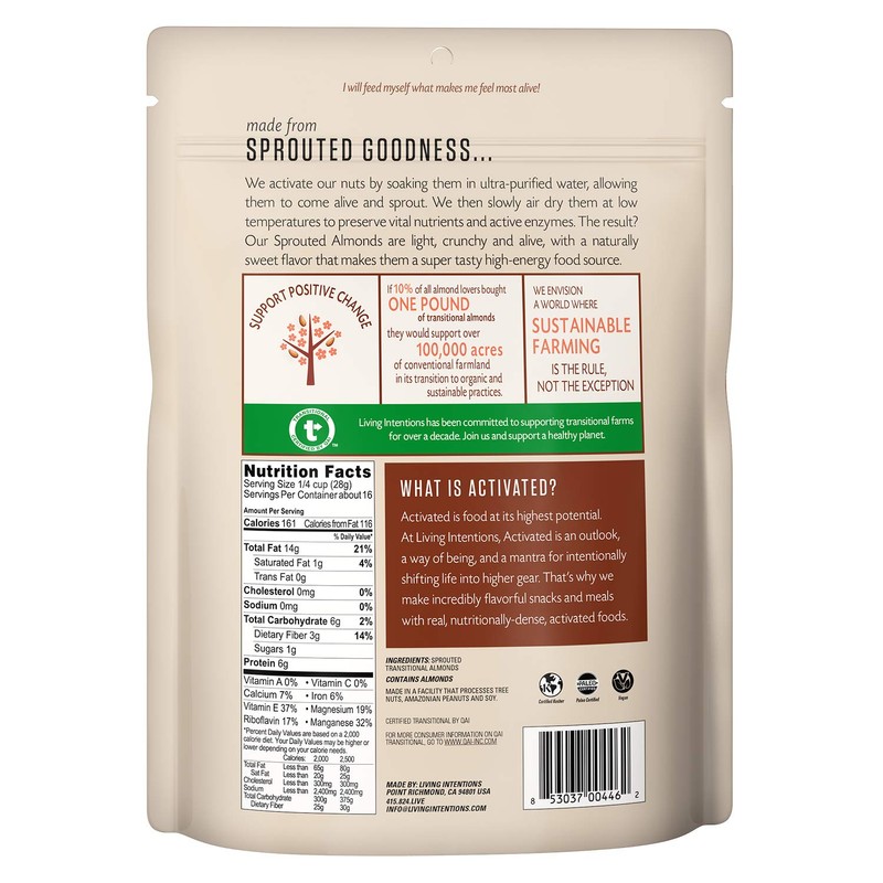 Living Intentions Sprouted Transitional Almonds, Nongmo, Gluten Free, Vegan, Paleo,
