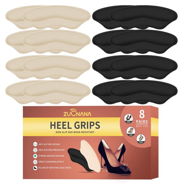 ZUCNANA Heel Grips Liner for Loose Shoes (8 Pairs/16 Pieces), Heel Cushion Inserts for Women Men Shoes Too Big, Self-Adhesive Heel Pads Prevent Blisters, Foot Pain, and Heel Slipping (Beige and Black)