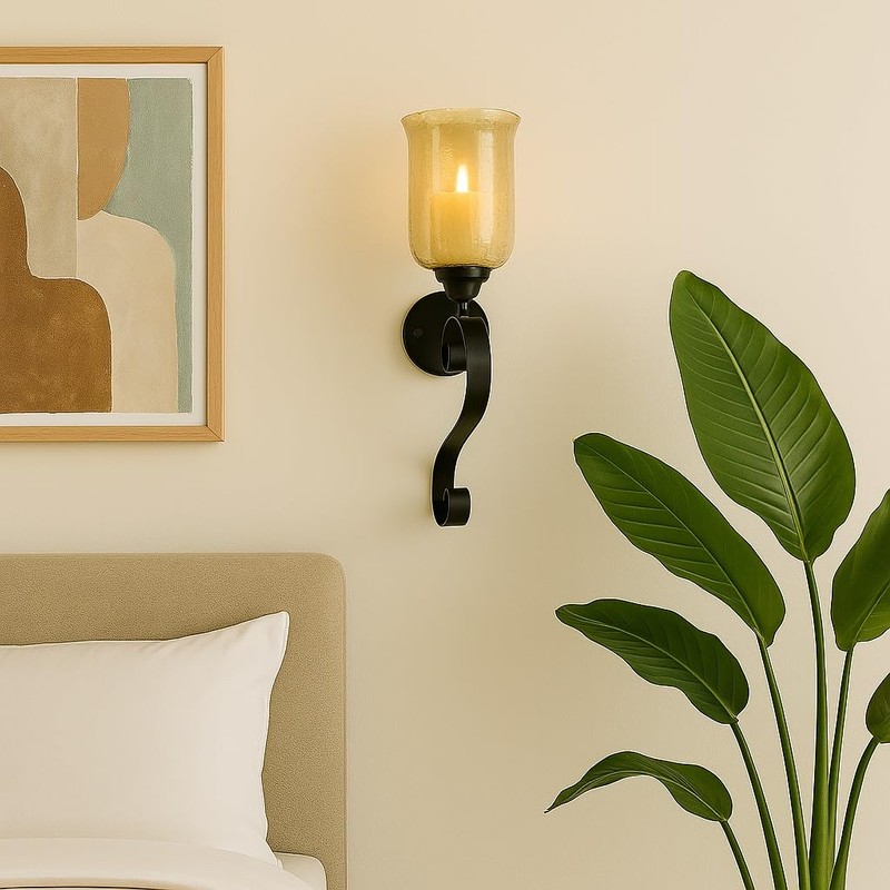 GLOBEDECOR Decorative Wall Sconce, Black Metal Scroll Design, Gold Glass