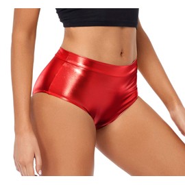 Kepblom Metallic High Waisted Booty Shorts Women's Shiny Cheeky Dance Festival Rave Bottoms(Red,S)