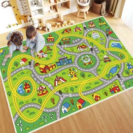 Xuzrdaa Kids Carpet Car Rug Play Mat for Kids Cars, 31"x48" Educational Classroom Carpet, Non Slip City Life Road Traffic Learning Area Rug for Kids, Kids Road Train Track Rug for Toddlers