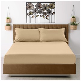 Microfiber Fitted Sheet Double - Plain Bed Sheets - Deep Pocket 10 inch (25cm) - Shrinkage, Fade & Wrinkle Resistant Bottom Sheet, Beige to Mattress (137x193 cm) - Machine Washable