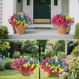 PABREY 2 Set Outdoor Artificial Hanging Baskets, UV Resistant Faux Fake Hanging Flowers Plants Planters for Spring Summer Front Porch Patio Yard Garden Home Decor (Purple, Yellow, Hot Pink, Blue)