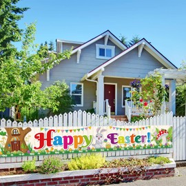 TUPARKA Large Happy Easter Banner Fabric Easter Yard Sign for Happy Easter Spring Decoration, Indoor Outdoor Easter Party Supplies,9.8FT*1.6FT