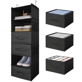 DonYeco 6-Shelf Hanging Closet Organizer with Drawers, Wardrobe Clothes Storage Foldable Portable Hanging Closet Shelves for Clothes Shoes, 47"x13.75"x12.25", Black