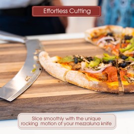 Gourmetly Stainless Steel Mezzaluna Knife with Cover – 12 In. Curved Blade with Solid Steel Handles & Mezzaluna Sheath – Pizza Cutter Rocker, Rocker Knife Veggie Cutter, Salad Chopper, & Herb Cutter