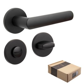 APECS Door Handles Interior Door Handle Black Matt Modern Door Handle for Front Door and Interior Door with Round Rosettes Handle Set with Mounting Material Door Fitting Model KUMA WC Bathroom