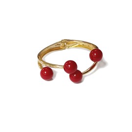 Caiyao 14K Plated Gold Big Pearl Clasp Cuff Bracelets Asymmetric Broadside Ball Handcuffs Wrist Bangle for Women Simple Fashion Jewelry (A layered red)