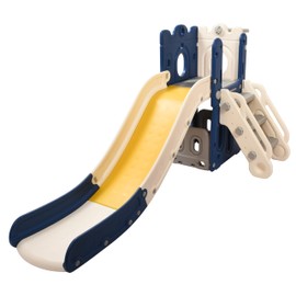 Childlike Behavior Playhouse with Slide and L-Stair - Basketball Hoop Indoor or Outdoor Playground Set for Toddlers - Handrail, Baby Climber Playset Playground Freestanding Slide Beige & Grey