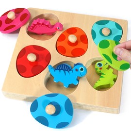 Montessori Toys for 1 2 Year Old Boys Girls, Wooden Puzzles for 1-3 Year Old Preschool Learning Toys, Dinosaur Match Eggs Peg Puzzles, Gifts for 1+ Year Old Toddler Birthday Christmas