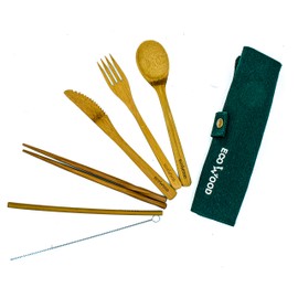 Ecowood® Juego de Cubiertos de Bambú - Incluye 7 Piezas - Set de Utensilios de Bambu Portatil Para Cocina, Viaje, Escuela (Verde)