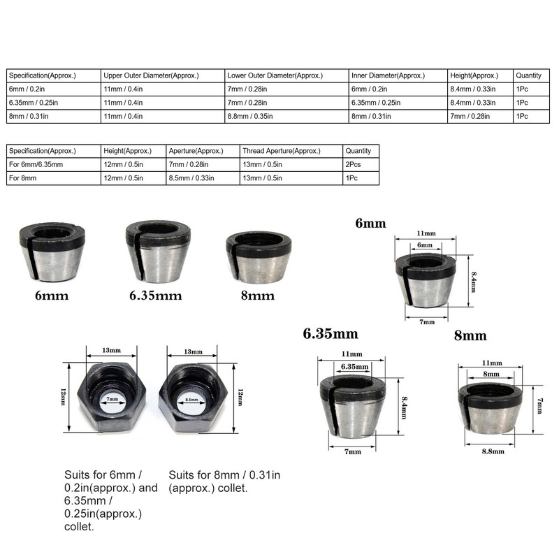 6Pcs Router Collet Adapter Carbon Steel 6mm 6.35mm 8mm Set