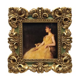 CISOO 4x4 Vintage Small Picture Frame, Antique Ornate Green and Gold Square Photo Frame, for Table Top and Wall Display, Decorative Floral Design Retro Home Decor, Photo Gallery Art