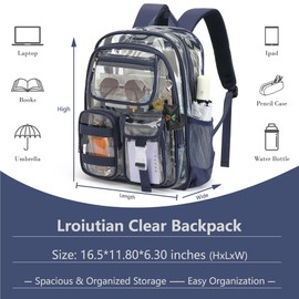 Lroiutian Clear Backpack for School Girls Boys Heavy Duty Transparent Backpack with Multiple Pockets, Lightweight PVC See Through Bookbag for Students-Navy Blue
