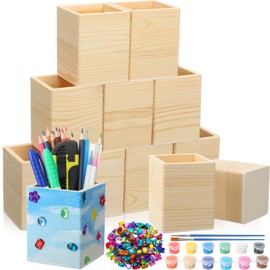 Blueweenly 12 Pcs Wood Pen Holder Unfinished Wooden Boxes, 4 Sets 12 Color Watercolor Paints and 1 Set Acrylic Stickers for DIY Crafts Birthday Party Favor Gift Supplies