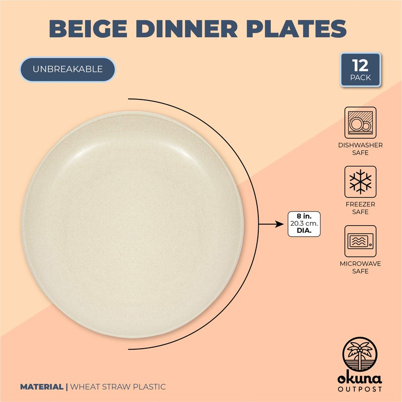 Wheat Straw Plates, Unbreakable Dinner Plate (Beige, 8 In, 6