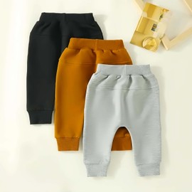 Wabnq 3 Pack Baby Pants Boys Pull-on Jogger Pants Knit Pants Classic Elastic Waist Kids Toddler Pants Long Pants Sweatpants (US, Age, 12 Months, 18 Months, 3, 3pcs/Black+Brown+Gray)