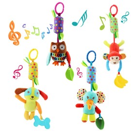 Joyshare 4 PCS Baby Soft Hanging Rattle Crinkle Squeaky Toy - Baby Toys for 0 3 6 9 to 1 Animal Ring Plush Stroller Infant Car Bed Crib Travel Activity Hanging Wind Chime with Teether for Boys Present