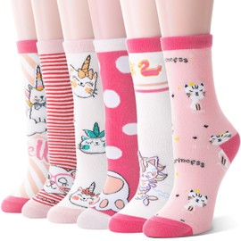 Kids Girls Cotton Socks Gift Soft Novelty Socks Cute Unicorn Pattern 6 Pairs (Pink Cartoon Cat, 5-8 Years)