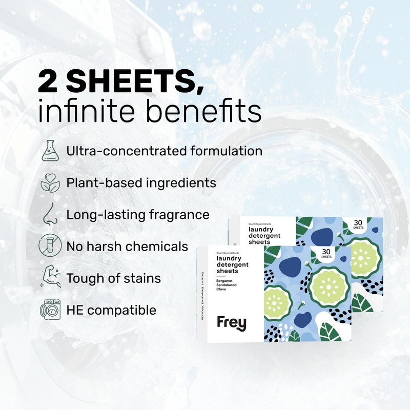 FREY Laundry Detergent Sheets – Bergamot Beach Scent | Plant-Derived