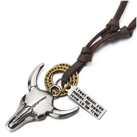 COOLSTEELANDBEYOND Unisex Men's Women's Vintage Bull Head Circles Pendant Necklace with Adjustable Brown Leather Strap, Brown leather, No Gemstone
