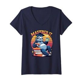 Womens Master's Degree 2025 Gift, Mastered It!, Funny, Sloth V-Neck T-Shirt