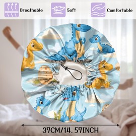 Deokke Luxury Shower Cap Silk Satin Lined Waterproof Reusable Adjustable Elastic Dry Hair Bathing Caps Cute for Women Girls-Dinosaur