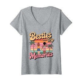 Womens Besties Trip 2025 Memories Girl Trip Friends Vacation Retro V-Neck T-Shirt